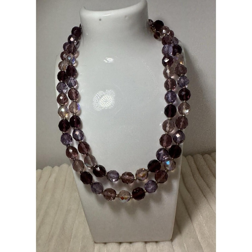 Vintage Joan Rivers Purple Faceted Glass Bead Necklace Aurora Borealis 33" Long